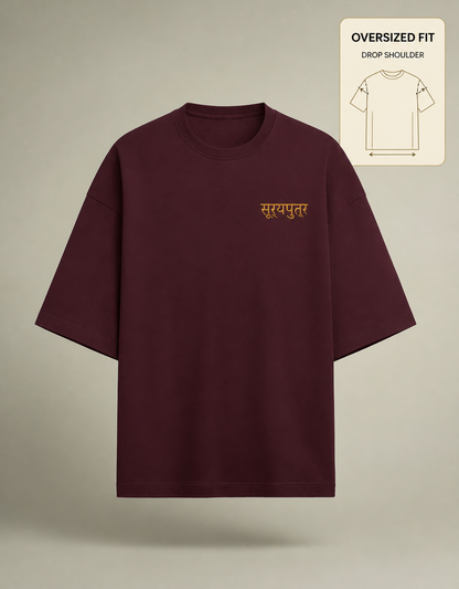Suryaputra oversized tee in maroon – front, oversized drop-shoulder fit