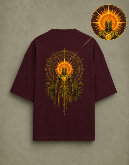 Suryaputra oversized tee in maroon – back design detail zoom