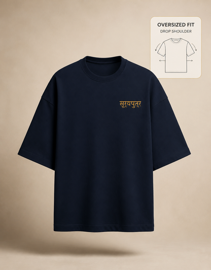Suryaputra oversized tee in navy blue – front, oversized drop-shoulder fit