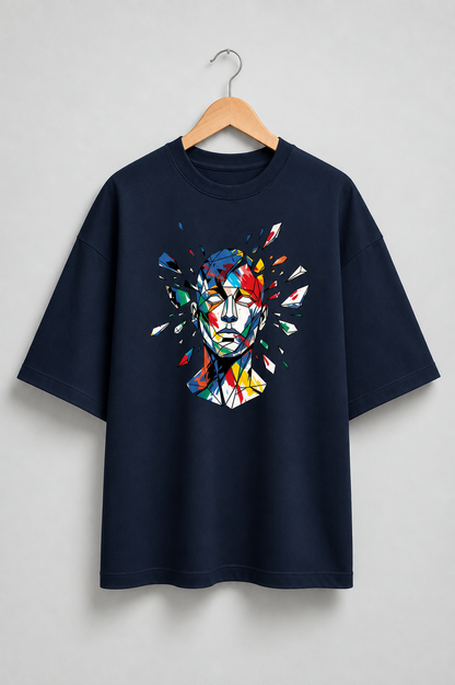 Abstract Face oversized tee — Navy Blue, hanger front