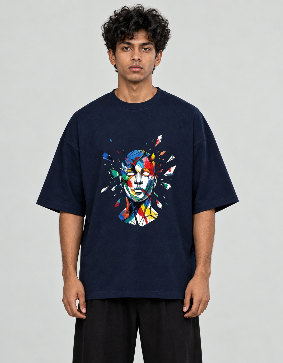 Abstract Face oversized tee — Navy Blue, model front