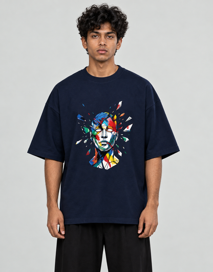 Abstract Face oversized tee — Navy Blue, model front