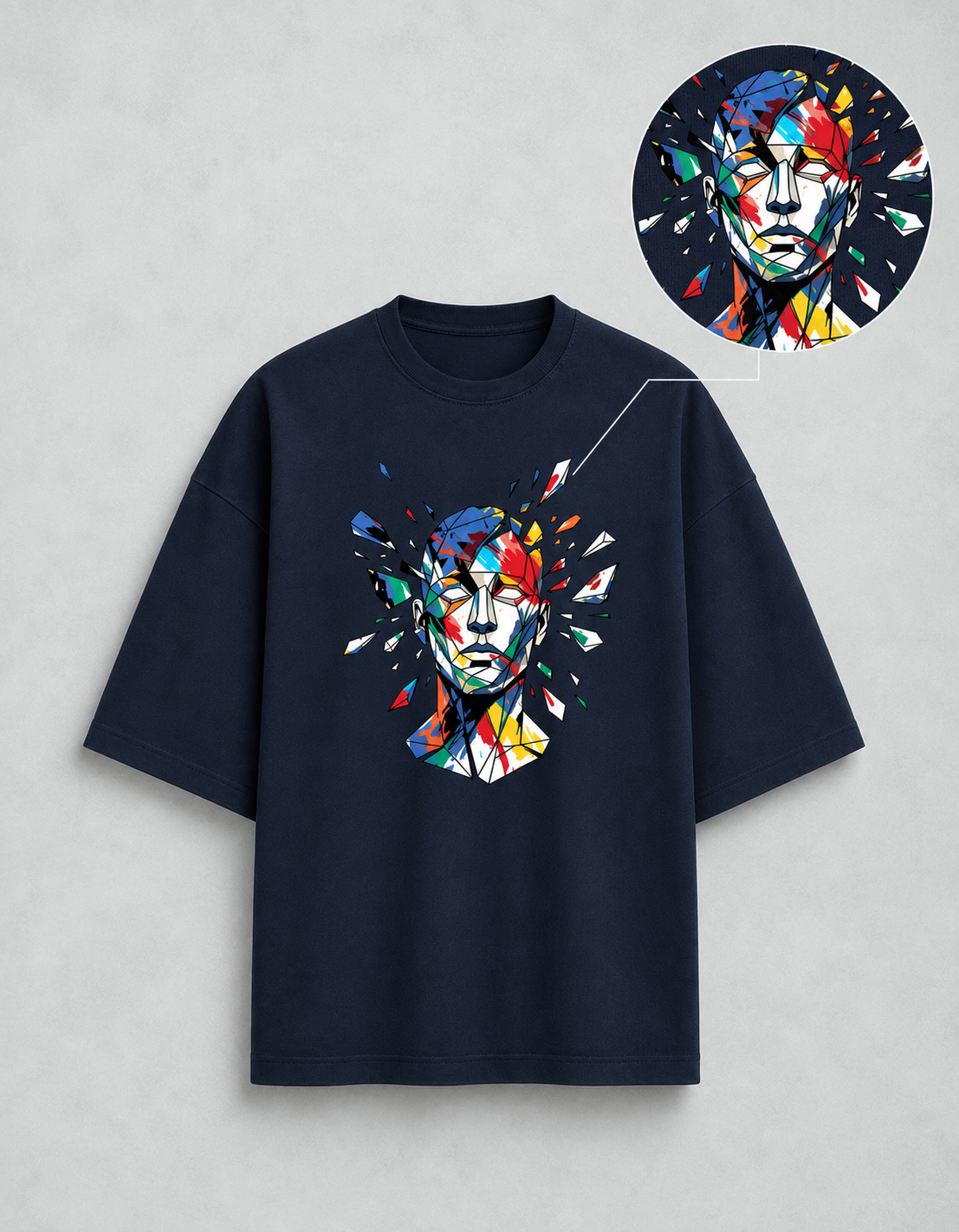 Abstract Face oversized tee — Navy Blue, print detail