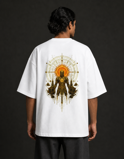 Suryaputra oversized tee in white – golden sun-deity back print worn by model
